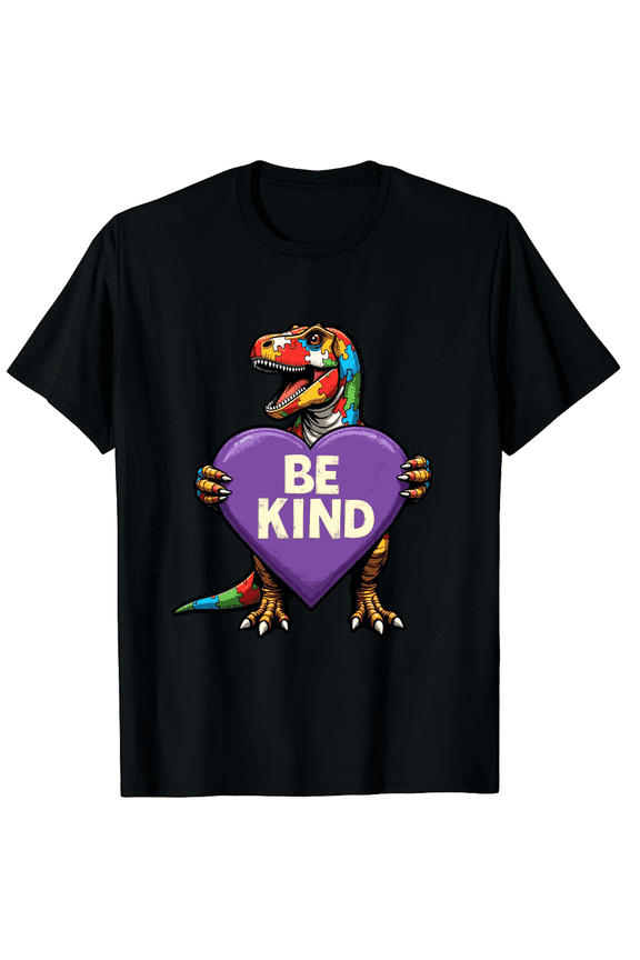 Autism Awareness Be Kind T-Rex Holding Purple Heart Puzzle Short Sleeve T-Shirt for Women Men Student