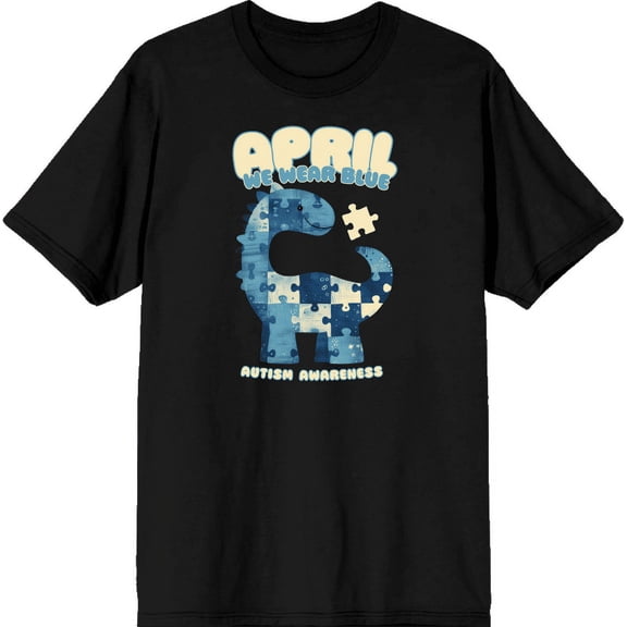 Autism Awareness Blue Dino Puzzle Icon Adult Black Crew Neck Short Sleeve Tee-Medium