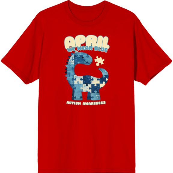 Autism Awareness Blue Dino Puzzle Icon Adult Red Crew Neck Short Sleeve Tee-Small