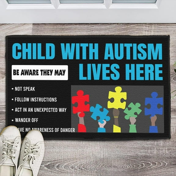 Autism Awareness - Children with Autism Lives Here Mats for Front Door Entry Front Porch Doormat Non-Slip Carpet Rugs Floor Mat Decorative for Home Bathroom Kitchen Indoor 16x24 Inch