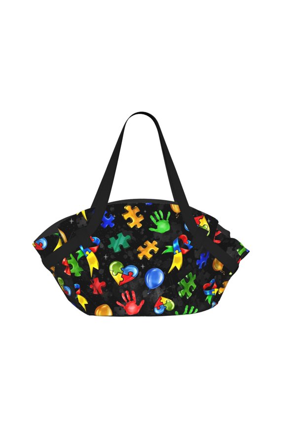 Autism Awareness Circular Beach Blanket Picnic Mat for 2 – Foldable into Tote Bag, Waterproof Sandproof Portable Outdoor Rug with Pockets & Snaps for Camping, Travel, Park