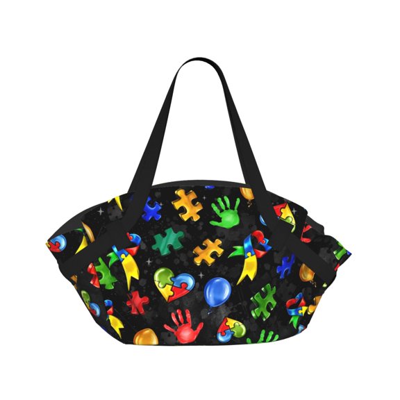 Autism Awareness Circular Beach Blanket Picnic Mat for 2 – Foldable into Tote Bag, Waterproof Sandproof Portable Outdoor Rug with Pockets & Snaps for Camping, Travel, Park
