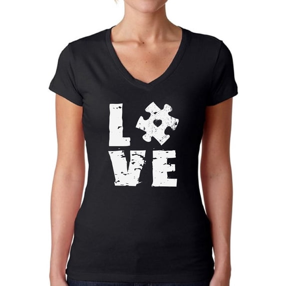 Autism Awareness Clothing for Women Love Accept Tee Support Gifts Puzzle Graphic V Neck Tshirt for Her