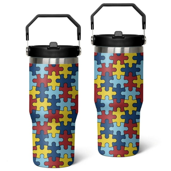 Autism Awareness Colorful Puzzle Piece 30oz Skinny Stainless Steel Tumbler with Lid and Straw, Vacuum Insulated Double Wall Travel Tumbler