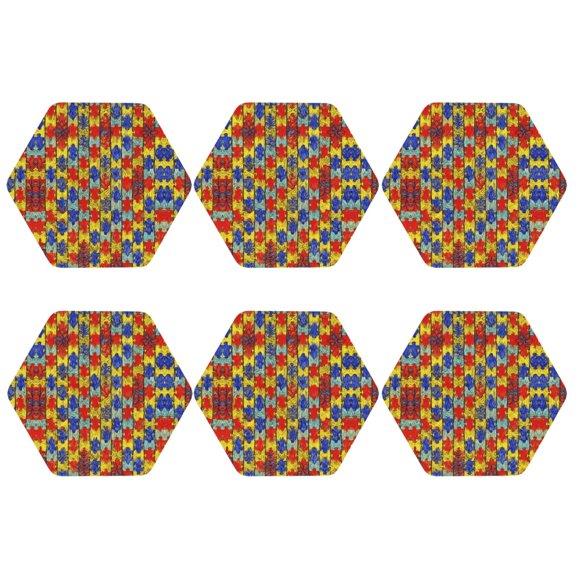 Autism Awareness Colorful Puzzle Piece Set of 6 Faux Leather 4 Inch Coasters Drinks Tabletop Home Dinning Hexagon