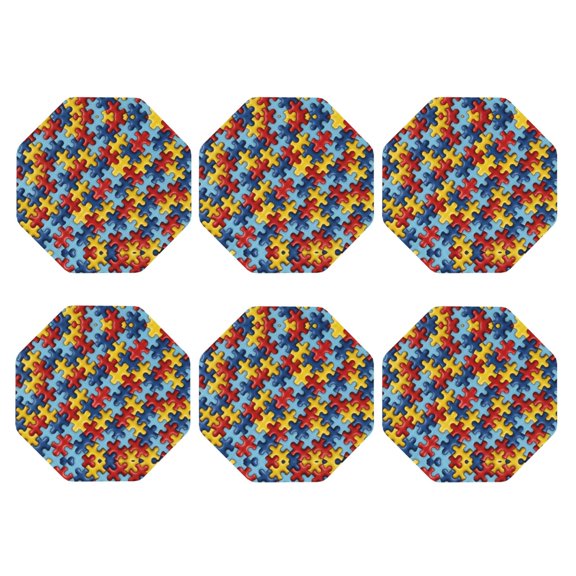 Autism Awareness Colorful Puzzle Piece Set of 6 Faux Leather 4 Inch Coasters Drinks Tabletop Home Dinning Octagon