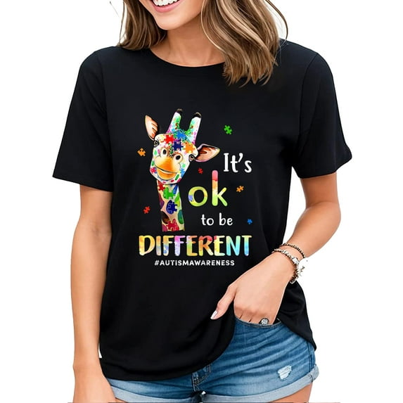 Autism Awareness Cute Giraffe Animal Its Ok To Be Different Womens T-Shirt Black X-Large