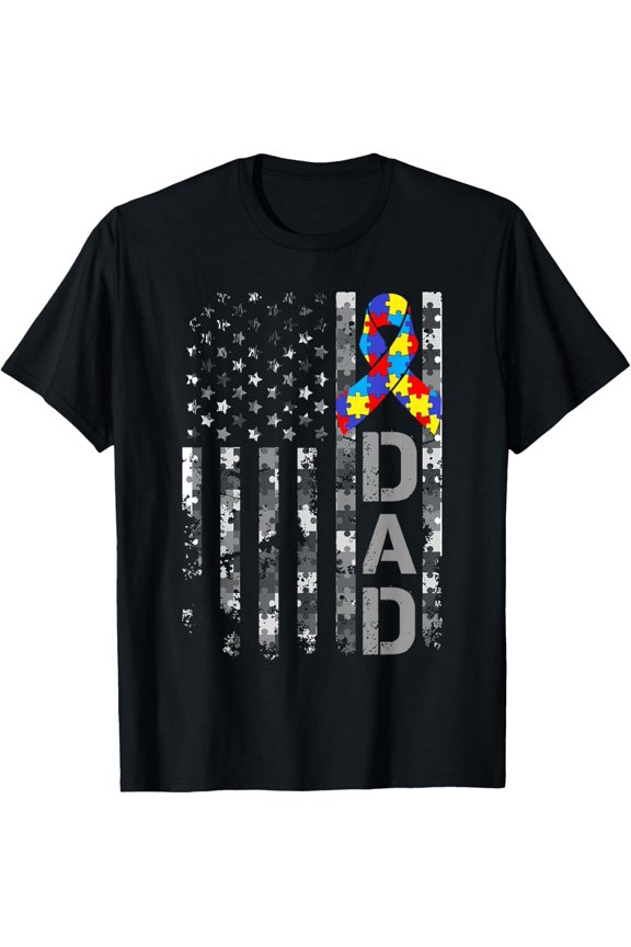 Autism Awareness Dad USA Flag Fathers Day T-Shirt