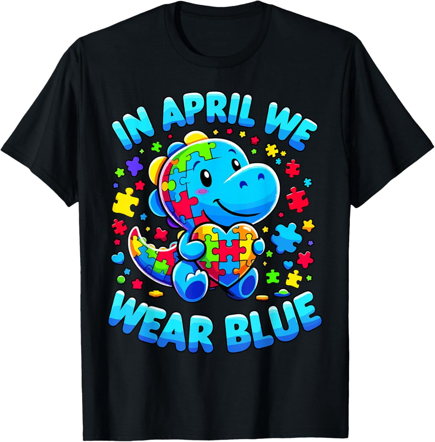 Autism Awareness Dino In April We Wear Blue T-Rex Shirt BLACK S-5XL Hot Trending Shirt