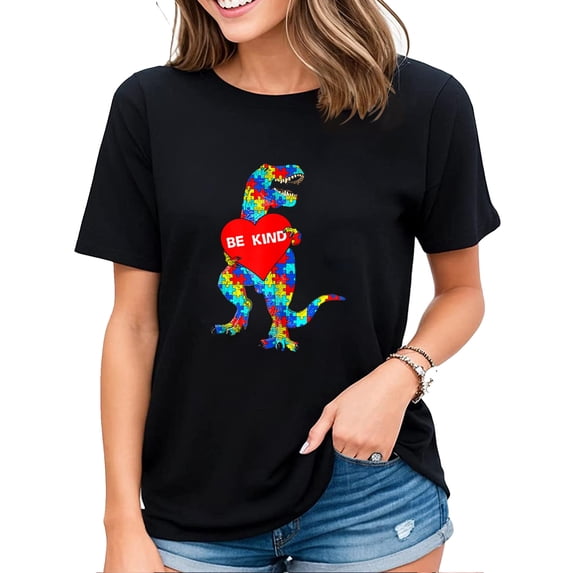 Autism Awareness Dinosaur Be Kind Puzzle T-Shirt for Women Black Large