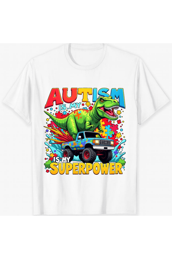 Autism Awareness Dinosaur Monster Truck Graphic Short Sleeve T-Shirt For Women Men Gift