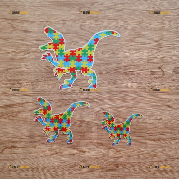 Autism Awareness Dinosaur Roars Autistic Puzzle Piece Sticker Decal Vinyl - 3 Pack Reflective, 3 Inches, 4 Inches, 6 Inches - for Car Boat Laptop Cup