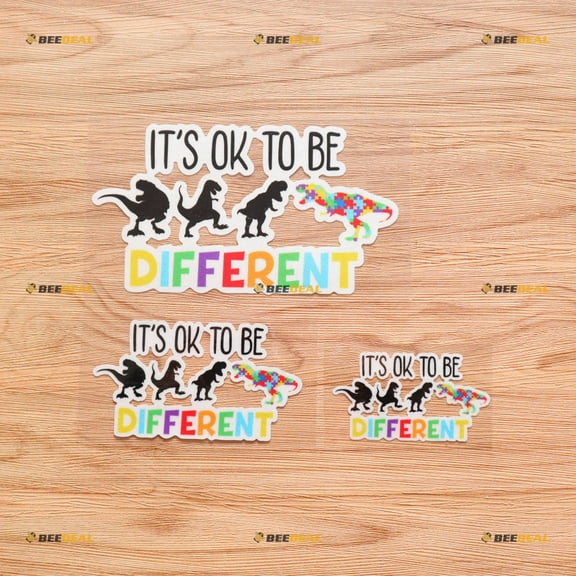 Autism Awareness Dinosaurs Its Ok to Be Different Autistic Puzzle Piece Sticker Decal Vinyl - 3 Pack Reflective, 3 Inches, 4 Inches, 6 Inches - for Car Boat Laptop Cup
