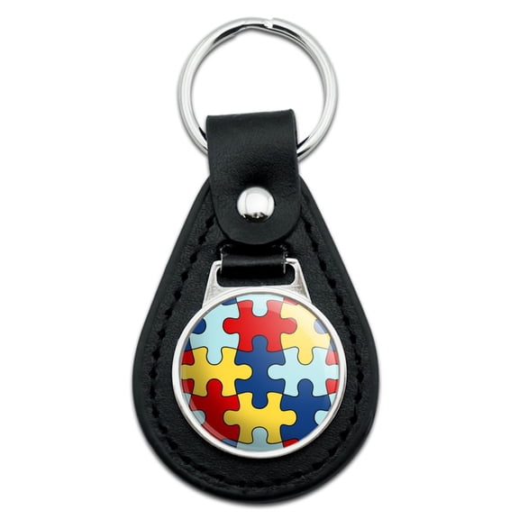 Autism Awareness Diversity Puzzle Pieces Black Leather Keychain