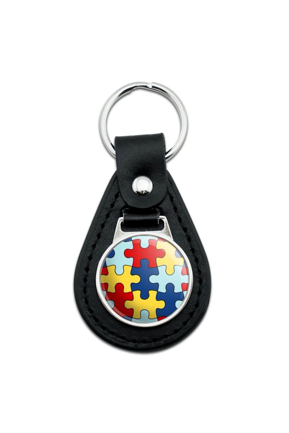 Autism Awareness Diversity Puzzle Pieces Black Leather Keychain
