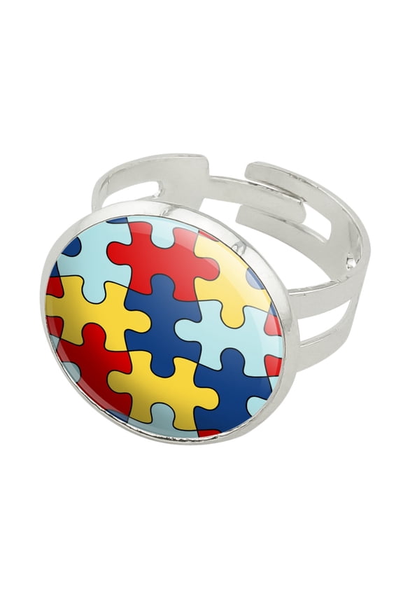 Autism Awareness Diversity Puzzle Pieces Silver Plated Adjustable Novelty Ring