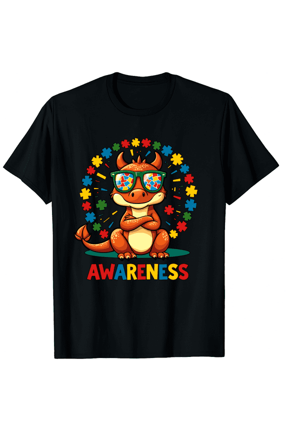 Autism Awareness Dragon Character Colorful Graphic Short Sleeve T-Shirt for Women Men Support