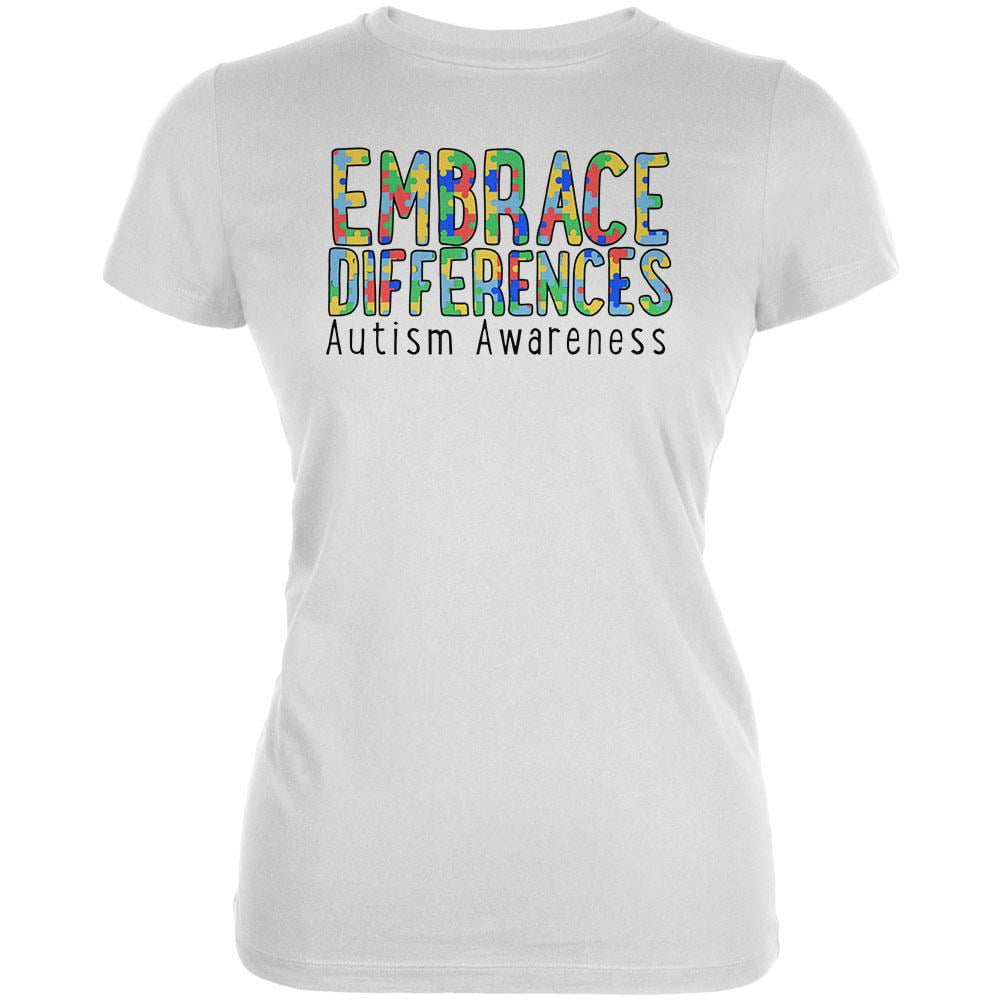 Autism Awareness Embrace Differences Juniors Soft T Shirt White LG
