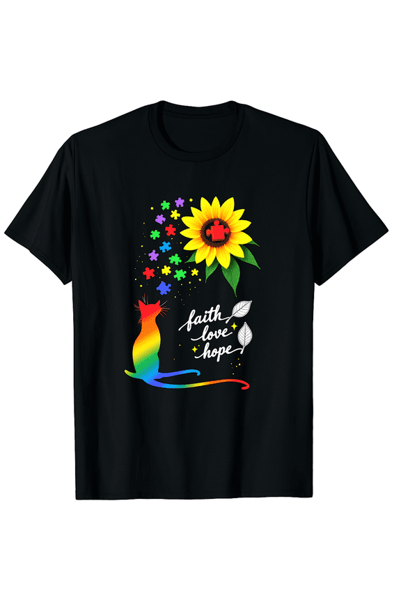 Autism Awareness Faith Love Hope Sunflower Rainbow Cat Short Sleeve T-Shirt for Women Men