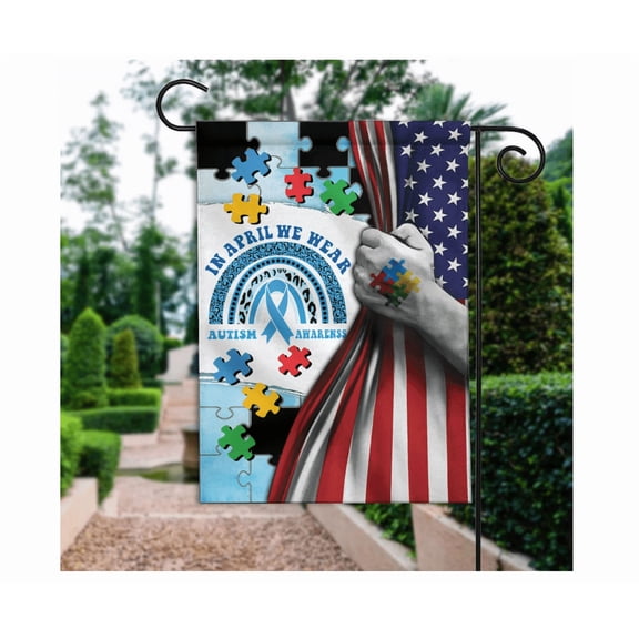 Autism Awareness Flag, Autism Puzzle Ribbon Flag, In April We Wear Blue Flag 12x18 POLE NOT INCLUDED Garden Flag