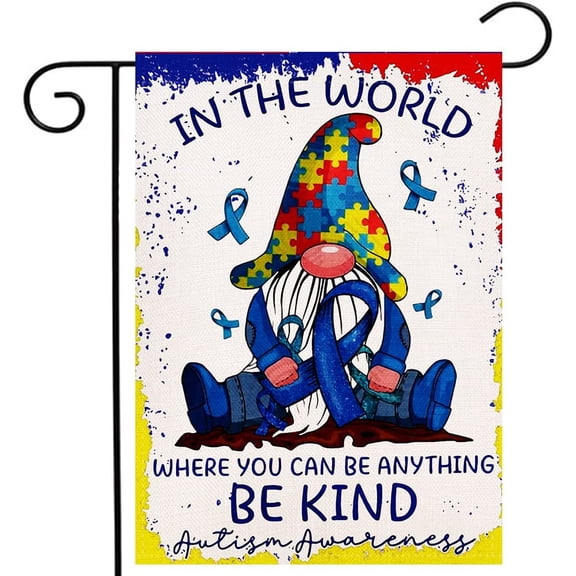 Autism Awareness Garden Flag Vertical Double Sided, Be Kind Gnomes Yard Outdoor Decoration 12.5 x 18 Inch