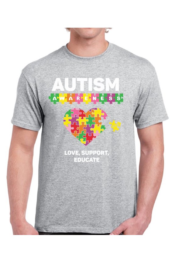 Autism Awareness Heart Men T-Shirt Graphic Tee Love Support Educate