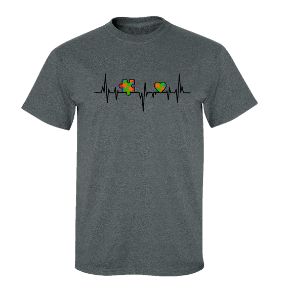 Autism Awareness Heart and Puzzle Piece Heartbeat Unisex Adult Short Sleeve T-shirt-Heather Grey-4xl