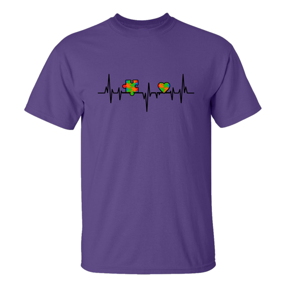 Autism Awareness Heart and Puzzle Piece Heartbeat Unisex Adult Short Sleeve T-shirt-Purple-4xl