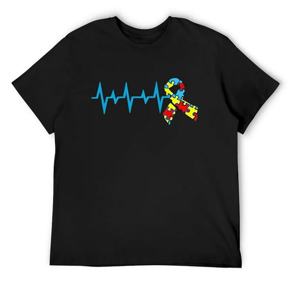 Autism Awareness Heartbeat Heartline Puzzle Ribbon Men's Round Neck T-Shirt Slim Fit Black 4X-Large
