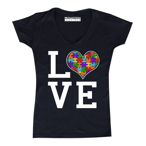 Autism Awareness Love Heart Women's V-neck, XL, Black (Multicolor)