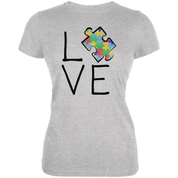 Autism Awareness Love Puzzle Piece Juniors Soft T Shirt Heather X-LG