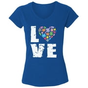 DREAMTEES Autism Awareness Love Puzzles V-Neck T-Shirt for Women - Autism Support S M L XL 2XL Graphic Tee