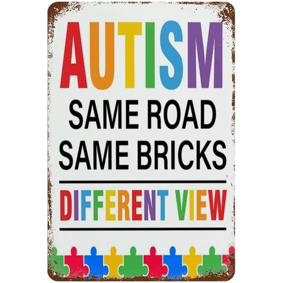 Autism Awareness Metal Tin Sign, Same Road Same Bricks Different View Wall Decor Plaque, 8 x 12 Inch Inspirational Gift for Home, Office or Bedroom
