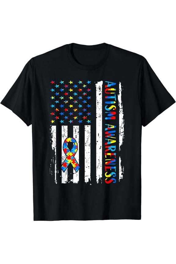 Autism Awareness Mom Dad USA flag Autistic Awareness Autism T-Shirt
