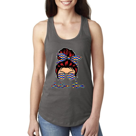 Autism Awareness Mom Life Messy Hair Bun | Cool Support Neon Print Bandana Mother's Day Ladies Racerback Tank Top, Dark Grey, Large