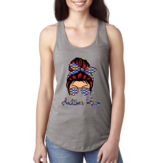 Autism Awareness Mom Life Messy Hair Bun | Cool Support Neon Print Bandana Mother's Day Ladies Racerback Tank Top, Heather Grey, Large