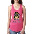 thumbnail image 1 of Autism Awareness Mom Life Messy Hair Bun | Cool Support Neon Print Bandana Mother's Day Ladies Racerback Tank Top, Hot Pink, X-Large, 1 of 5