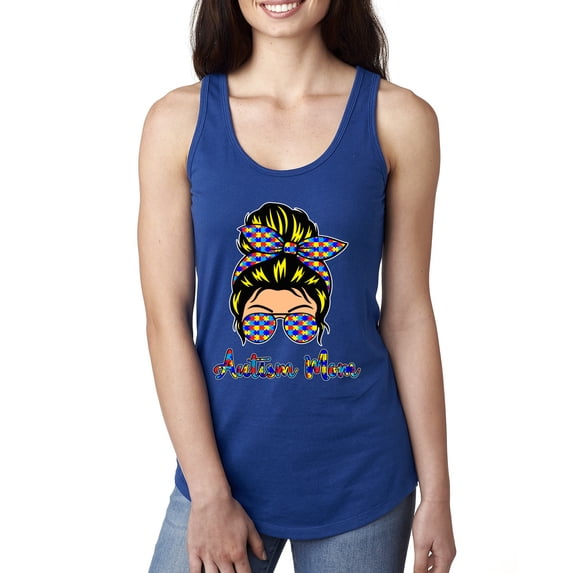 Autism Awareness Mom Life Messy Hair Bun | Cool Support Neon Print Bandana Mother's Day Ladies Racerback Tank Top, Royal, X-Large