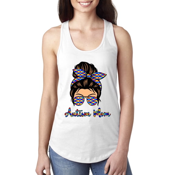 Autism Awareness Mom Life Messy Hair Bun | Cool Support Neon Print Bandana Mother's Day Ladies Racerback Tank Top, White, Large