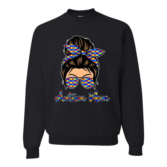 Autism Awareness Mom Life Messy Hair Bun | Cool Support Neon Print Bandana Mother's Day Unisex Crewneck Graphic Sweatshirt, Black, 5X-Large