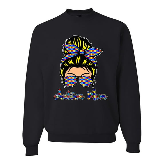 Autism Awareness Mom Life Messy Hair Bun | Cool Support Neon Print Bandana Mother's Day Unisex Crewneck Graphic Sweatshirt, Black, Medium