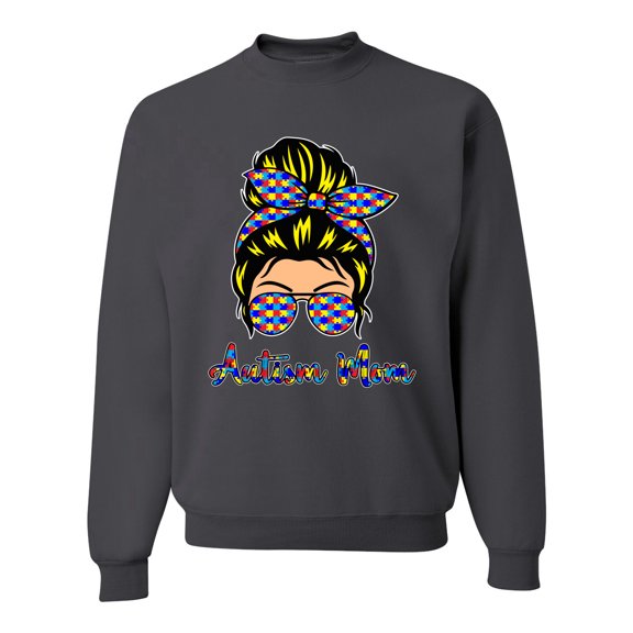 Autism Awareness Mom Life Messy Hair Bun | Cool Support Neon Print Bandana Mother's Day Unisex Crewneck Graphic Sweatshirt, Charcoal, 3X-Large