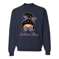 thumbnail image 1 of Autism Awareness Mom Life Messy Hair Bun | Cool Support Neon Print Bandana Mother's Day Unisex Crewneck Graphic Sweatshirt, Navy, 3X-Large, 1 of 5