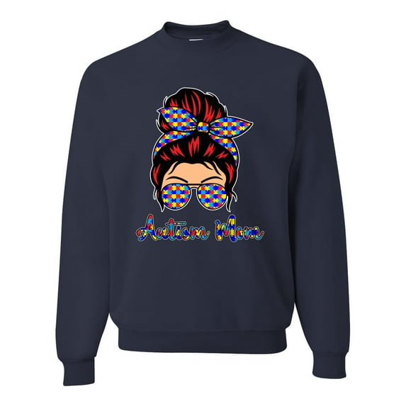 Autism Awareness Mom Life Messy Hair Bun | Cool Support Neon Print Bandana Mother's Day Unisex Crewneck Graphic Sweatshirt, Navy, Small