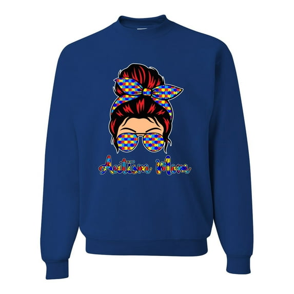 Autism Awareness Mom Life Messy Hair Bun | Cool Support Neon Print Bandana Mother's Day Unisex Crewneck Graphic Sweatshirt, Royal, Small