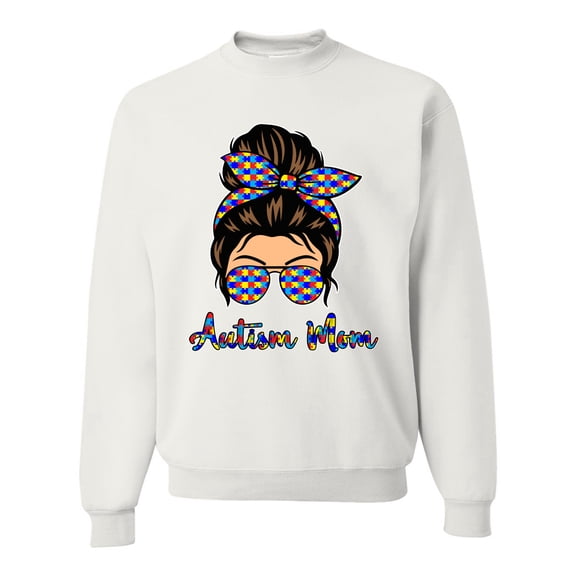 Autism Awareness Mom Life Messy Hair Bun | Cool Support Neon Print Bandana Mother's Day Unisex Crewneck Graphic Sweatshirt, White, Large