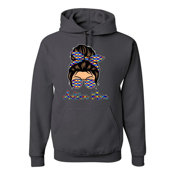 Autism Awareness Mom Life Messy Hair Bun | Cool Support Neon Print Bandana Mother's Day Unisex Graphic Hoodie Sweatshirt, Charcoal, X-Large