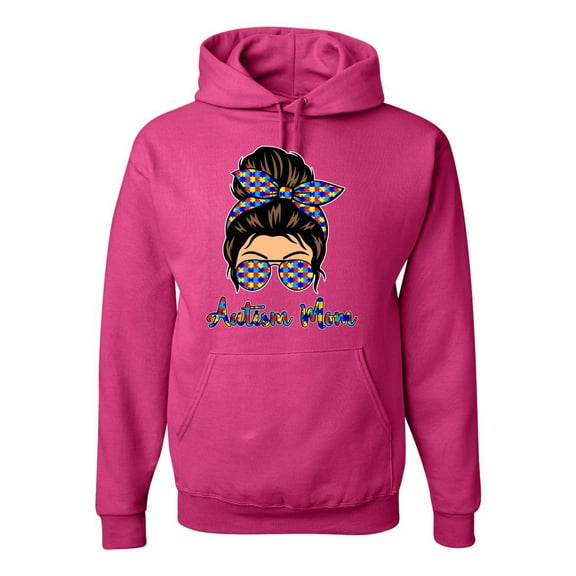 Autism Awareness Mom Life Messy Hair Bun | Cool Support Neon Print Bandana Mother's Day Unisex Graphic Hoodie Sweatshirt, Fuschia, Large