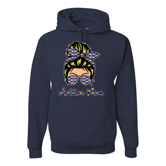 Autism Awareness Mom Life Messy Hair Bun | Cool Support Neon Print Bandana Mother's Day Unisex Graphic Hoodie Sweatshirt, Navy, Small