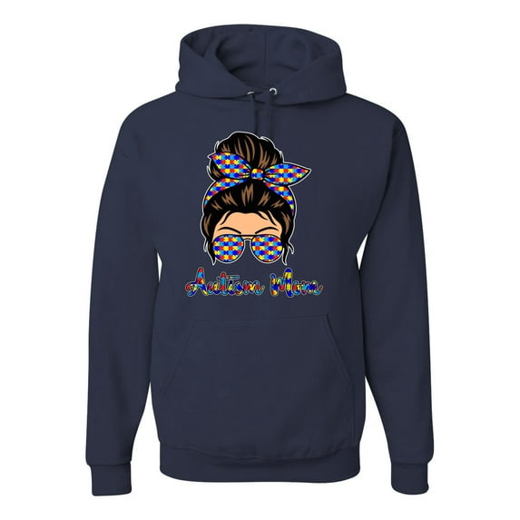 Autism Awareness Mom Life Messy Hair Bun | Cool Support Neon Print Bandana Mother's Day Unisex Graphic Hoodie Sweatshirt, Navy, X-Large